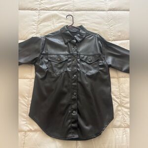 Men's Black Faux Leather Button-Front Shirt Jacket